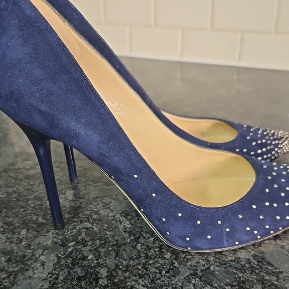 Jimmy Choo 36.5 (6.5) Navy Blue Suede Micro Silver Studded Stiletto Heels - Picture 16 of 16